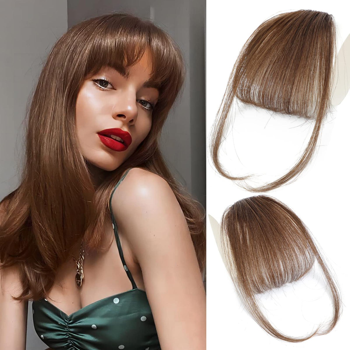 WECAN Medium Brown Clip-In Bangs Hair Extensions - 100% Human Hair Fringe for Everyday Wear