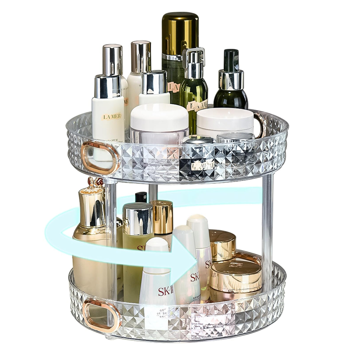 Skwoker 360 Rotating Makeup Organizer, 2 Tier Clear Vanity Storage For Cosmetics & Skincare