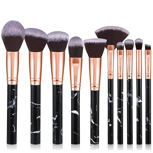 START MAKERS 10Pcs Marble Makeup Brush Set - Foundation, Blush, Eyeshadow, Contour, Black