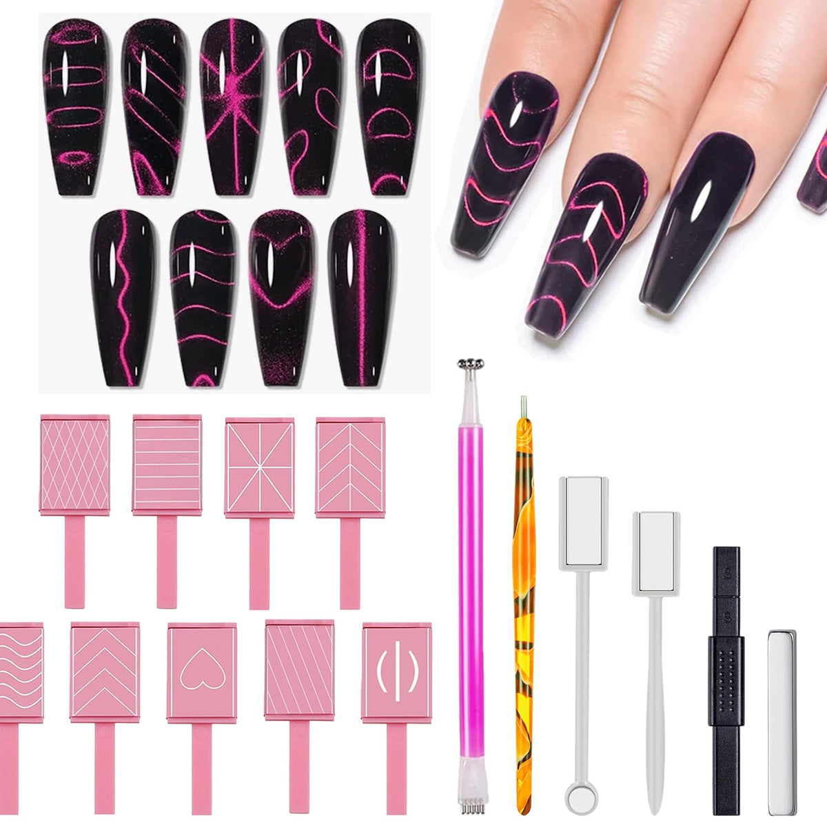 Yecirala 15 Pcs Cat Eye Nail Art Magnet Set - Pink Magnetic Gel Polish Tools