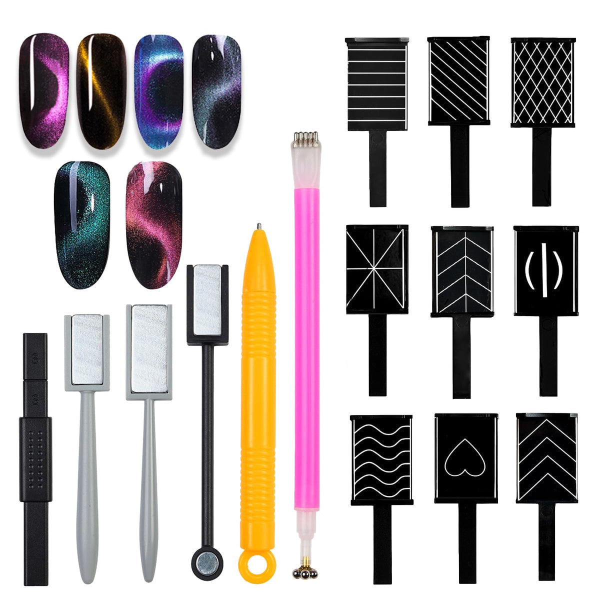 Pure Vie 9 Pcs Nail Magnet Tool Set - Double Ended Wand For Cat Eye Gel Nail Art