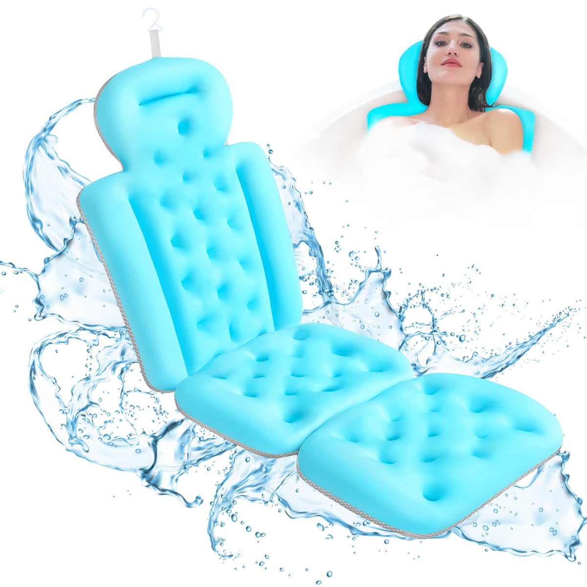 Feiae Full Body Bath Pillow With Suction Cups, Mesh Bag - Luxury Neck & Back Support, Blue