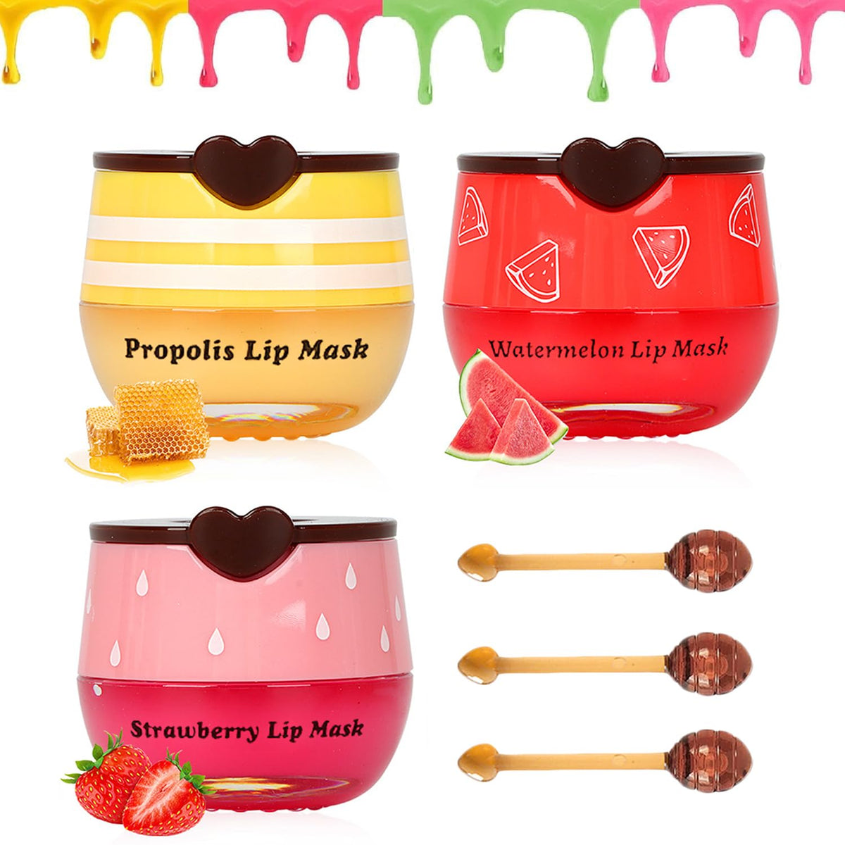 Miniling 3 Pcs Bee Lip Mask Set - Honey, Strawberry & Watermelon Lip Balm & Exfoliator, 2 Fl Oz