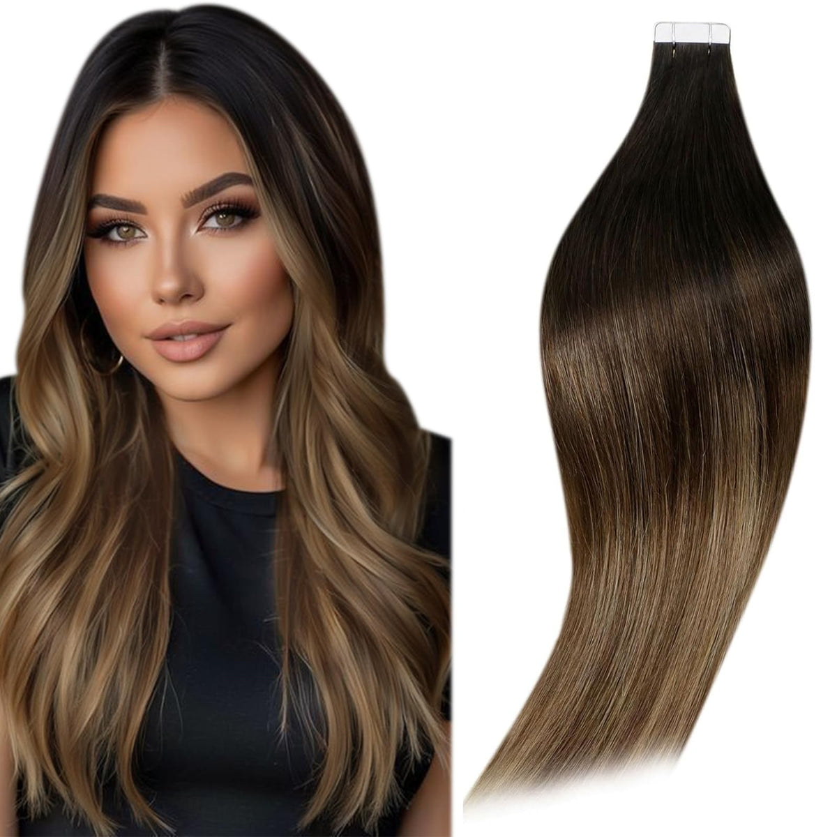 Runature 24&quot; Balayage Tape-In Hair Extensions, Ombre Black To Brown Mix, 50G, 20Pcs Human