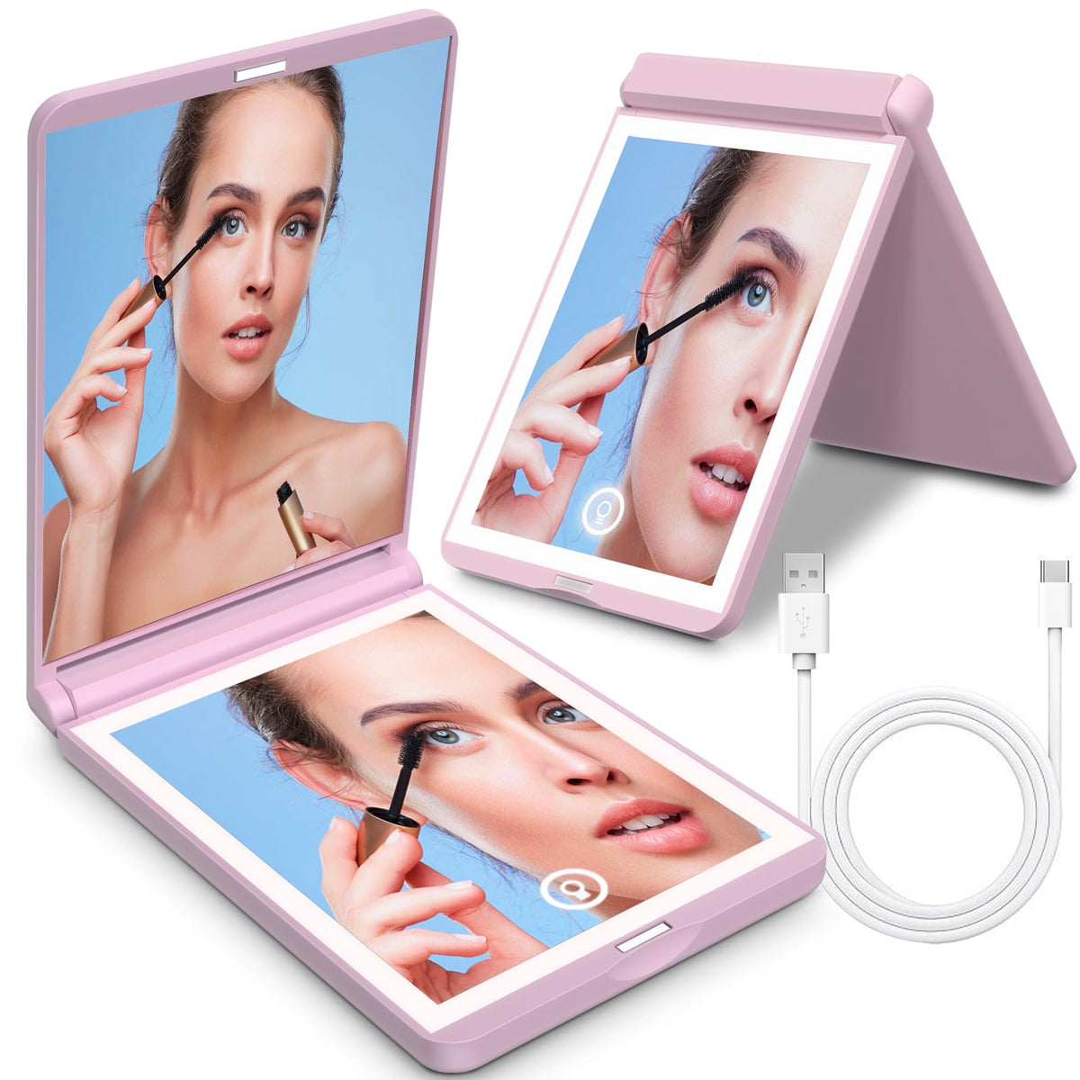 Ananelleo 1X/3X Led Magnifying Mirror, Rechargeable 300° Flip Compact Travel Mirror - Pink