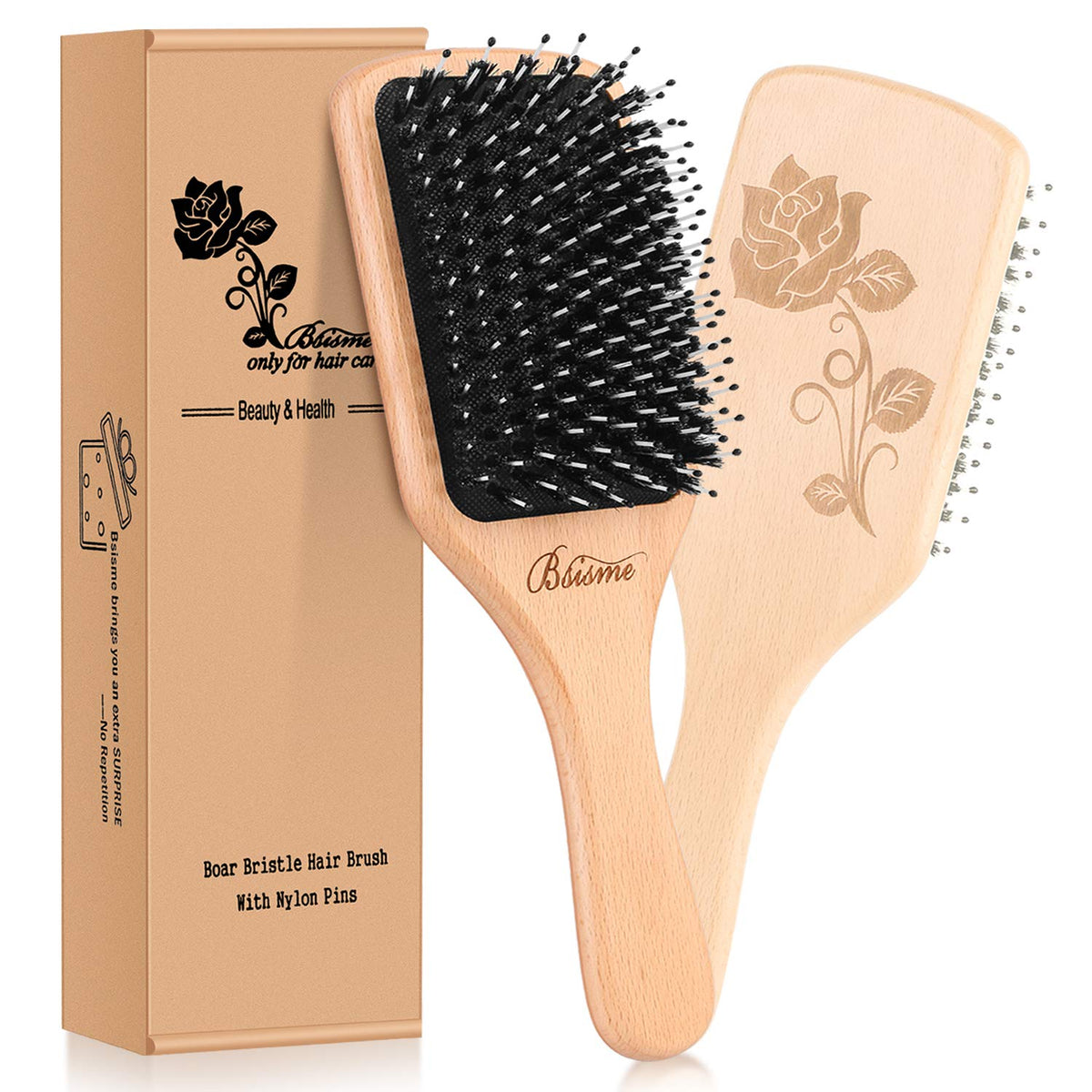 Bsisme Boar Bristle Hair Brush - Wooden Paddle Detangler for Frizz Reduction & Shine