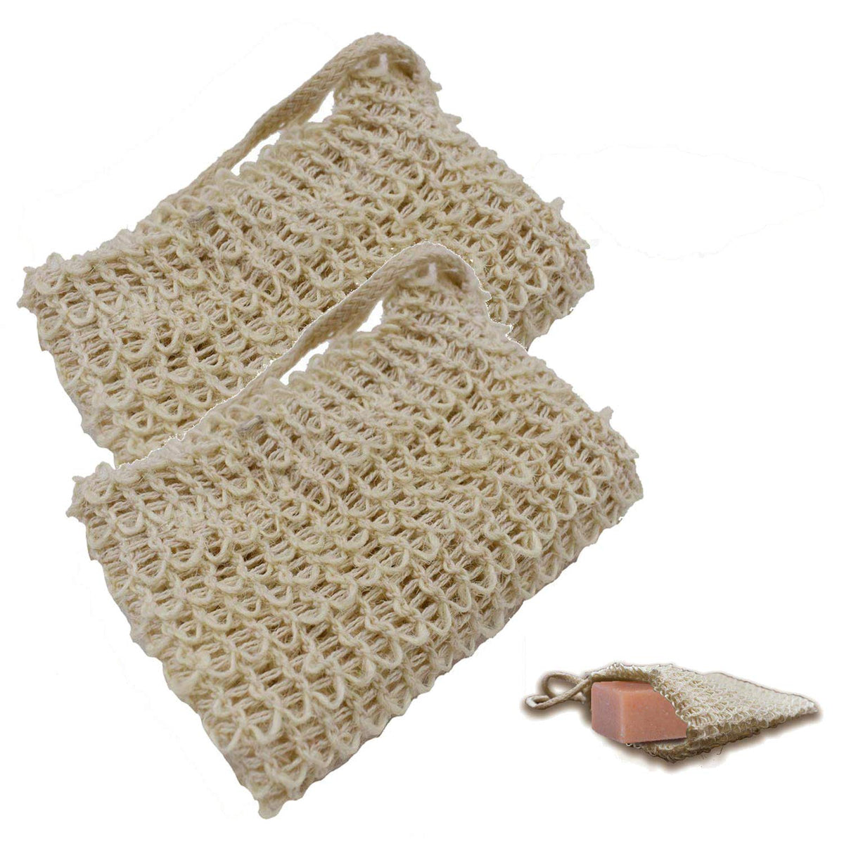 Dogxiong 2 Pack Natural Sisal Soap Exfoliating Bags With Drawstring & Wooden Bead Holder, Pink