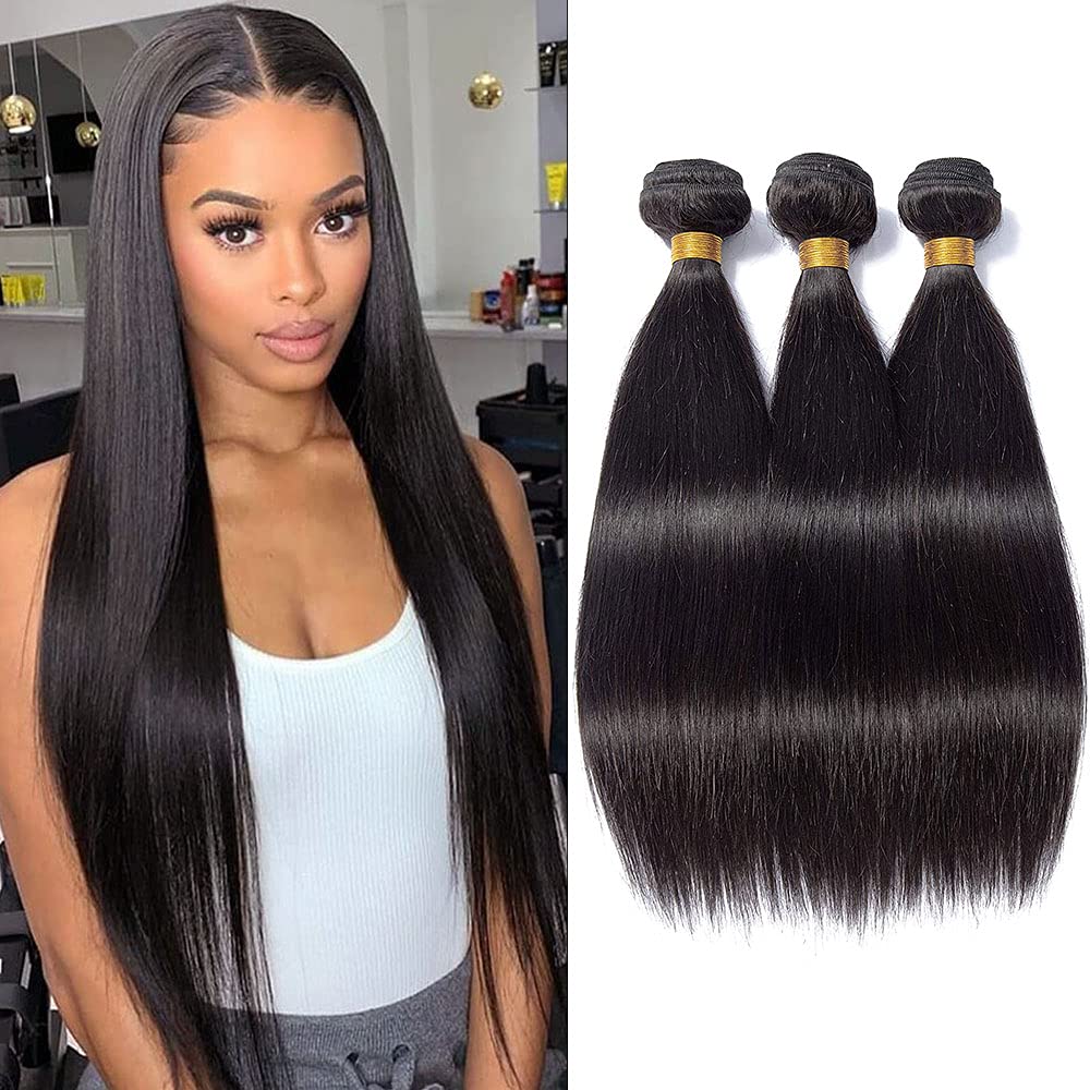 FASHION VILA 3 Bundles 10-14&quot; Brazilian Virgin Remy Human Hair Straight Extensions - Natural Black