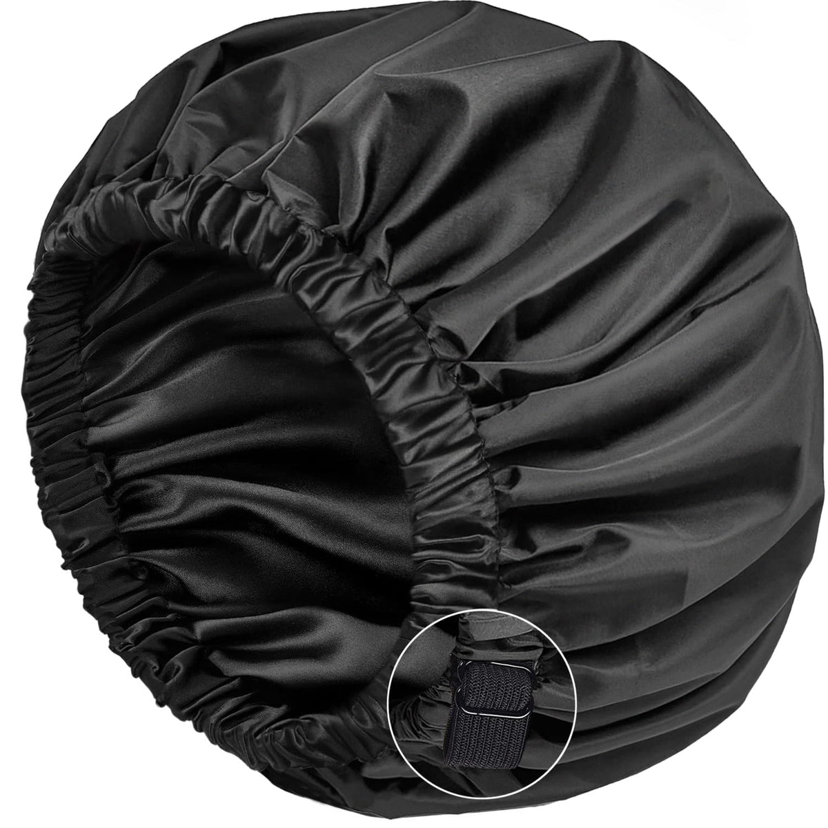 Hannahcos Luxury Silk Shower Cap For Women - Waterproof, Adjustable, Reusable (Black, 14 Inch)