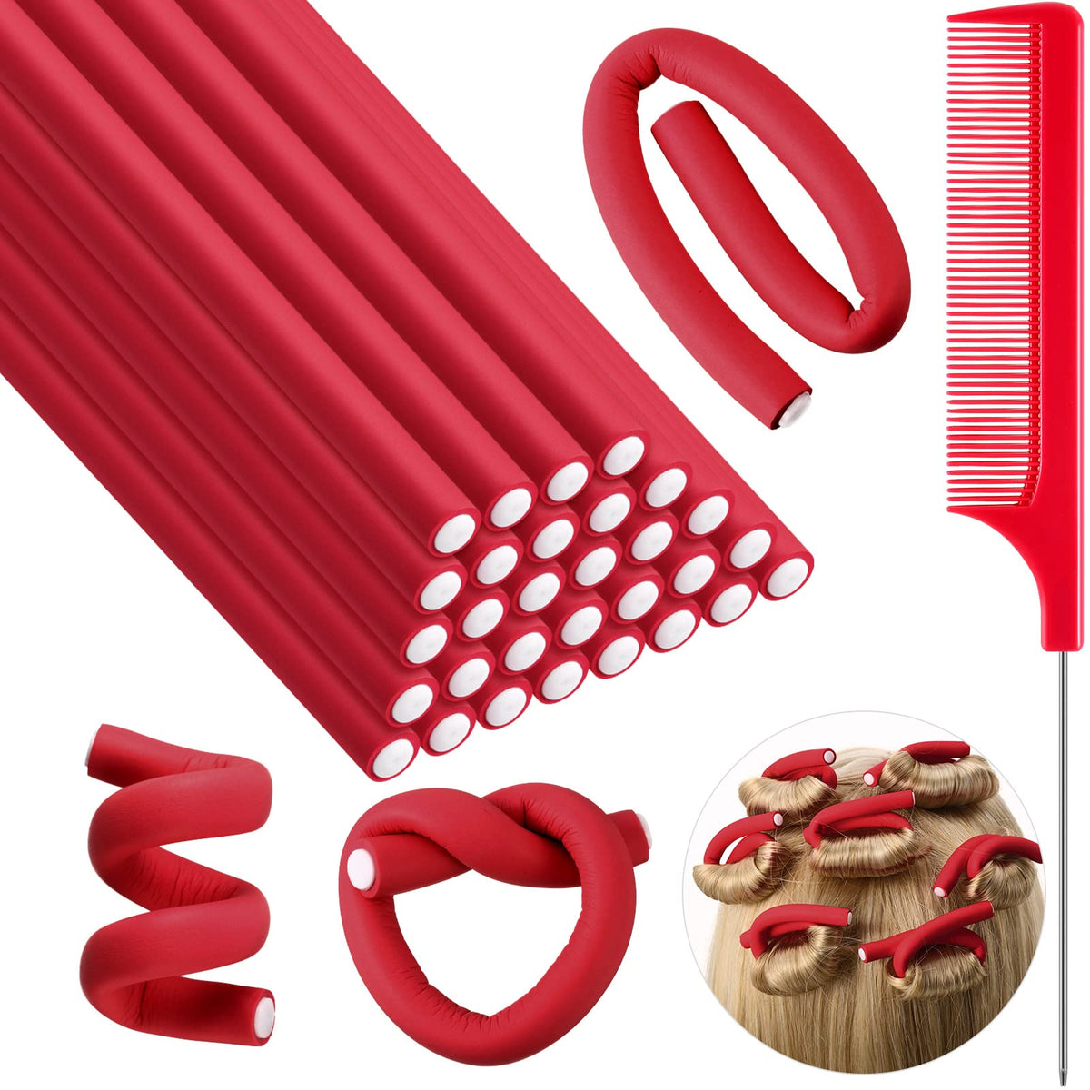 Syhood 30 Flexible Curling Rods Foam Hair Rollers with Comb - No Heat, Cherry Red, 7x0.3