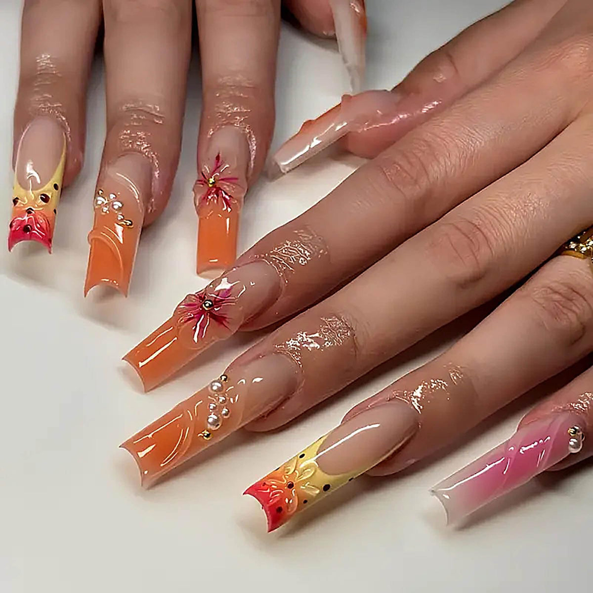 Qqppoliu Square Orange Fake Nails With Handmade Flower Designs For Women - Holiday & Bridal Use