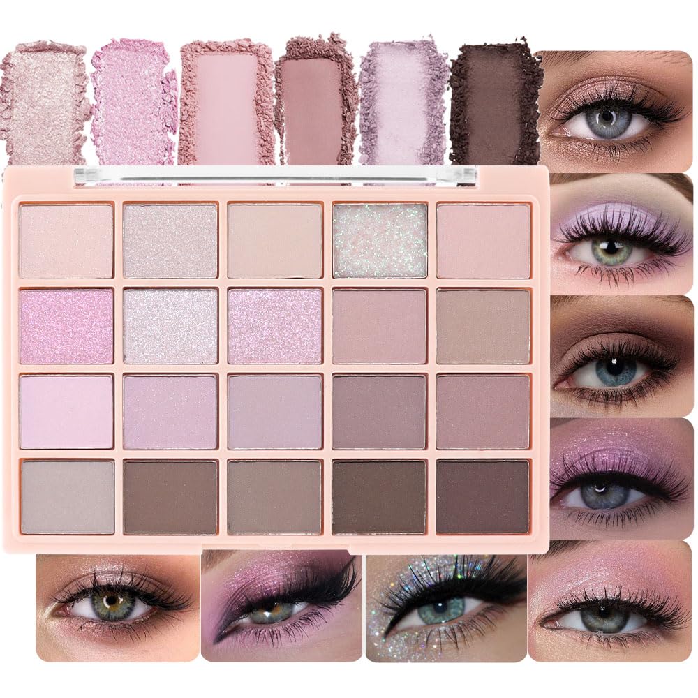 Cakaila 20-Color Matte Eyeshadow Palette - Nude Light Pink Purple, Waterproof Travel Makeup