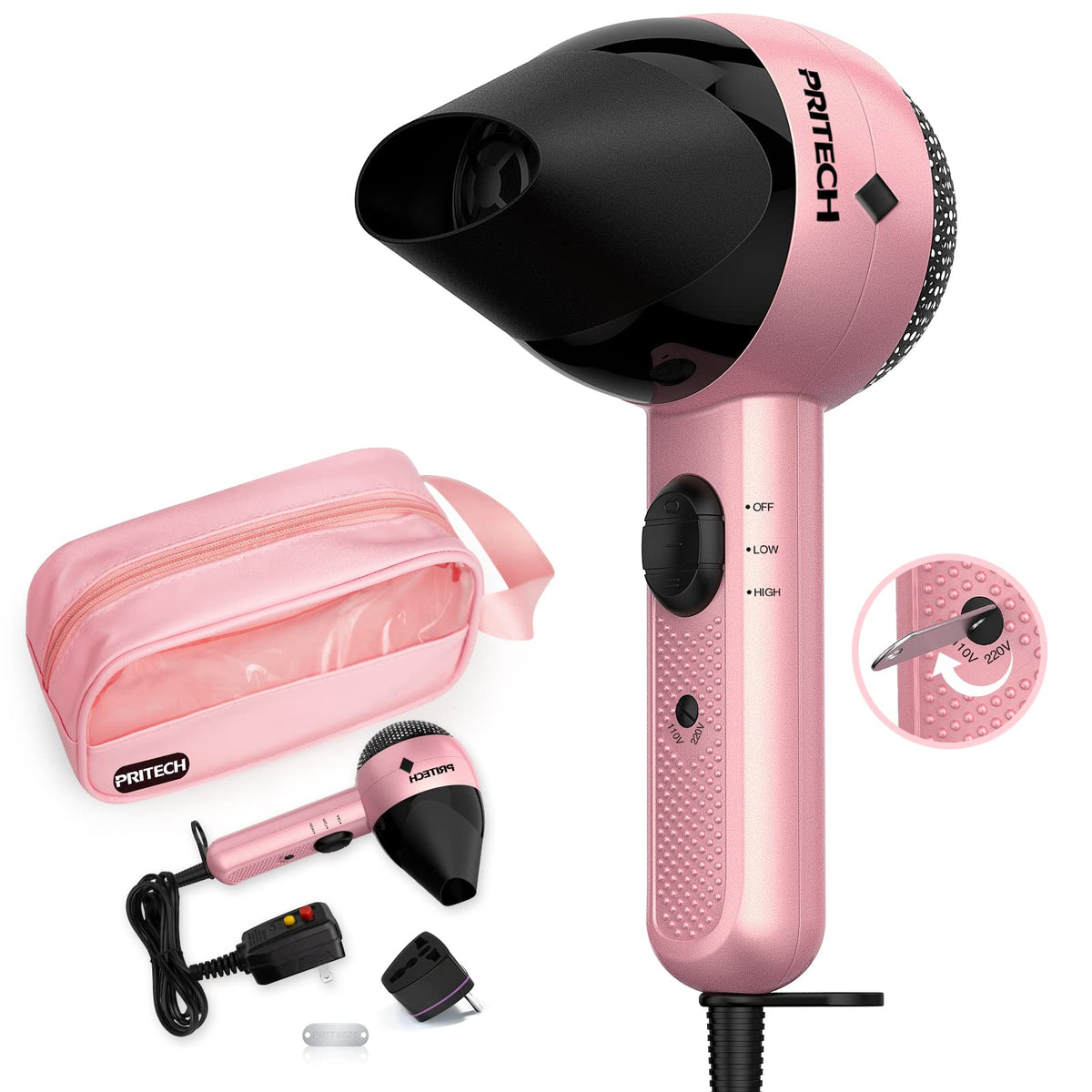 Pritech Dual Voltage Mini Hair Dryer, 1000W Lightweight Compact Blow Dryer With Travel Bag - Pink