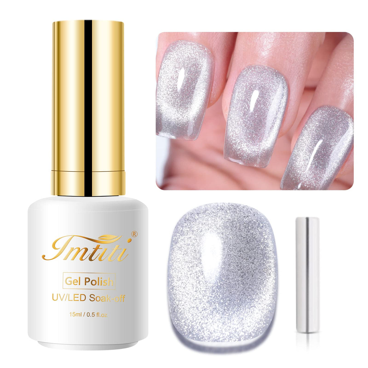 Imtiti Silver Holographic 9D Cat Eye Gel Nail Polish - 0.5 Fl Oz Magnetic Uv Gel