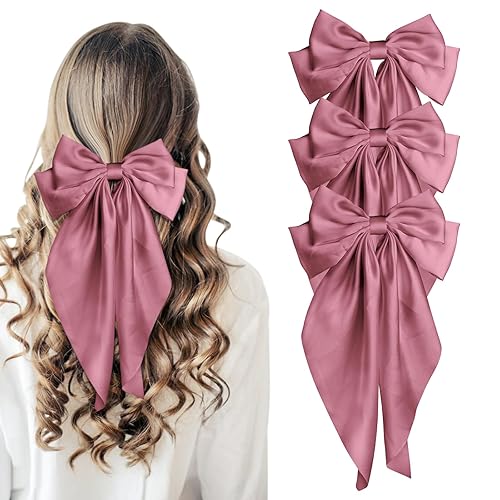 Tulobi Korean Pink Hair Bows 3Pcs Silky Satin Bow Clips With Long Tail For Women