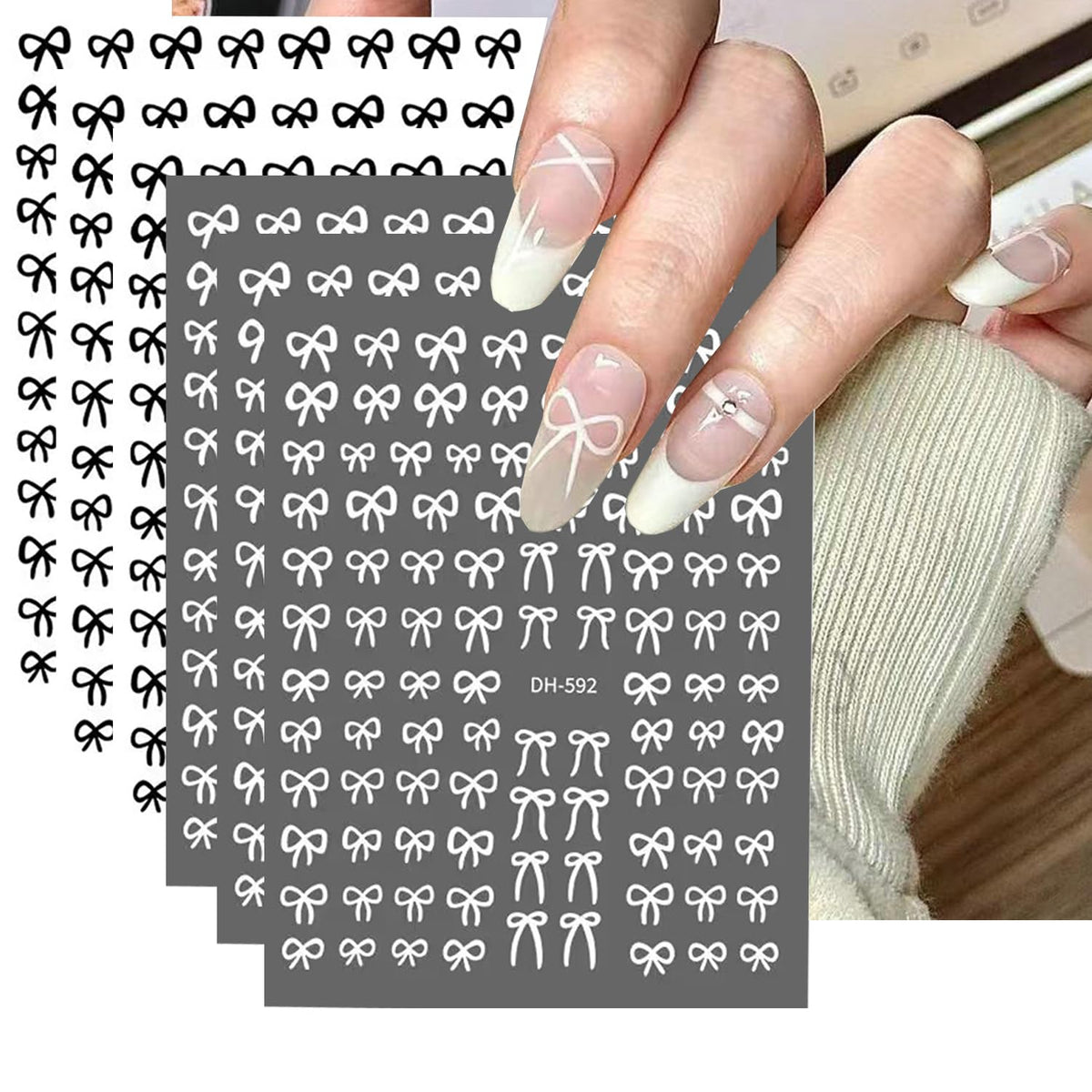 Bsbtbz 6 Sheets Nail Art Stickers - 3D Bow Decals For French Manicure, Black & White Design 22