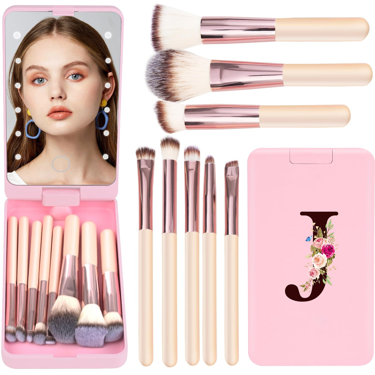 Kewwadb Mini 8-Piece Travel Makeup Brush Set With Led Mirror, Monogrammed Pink Gift For Teens