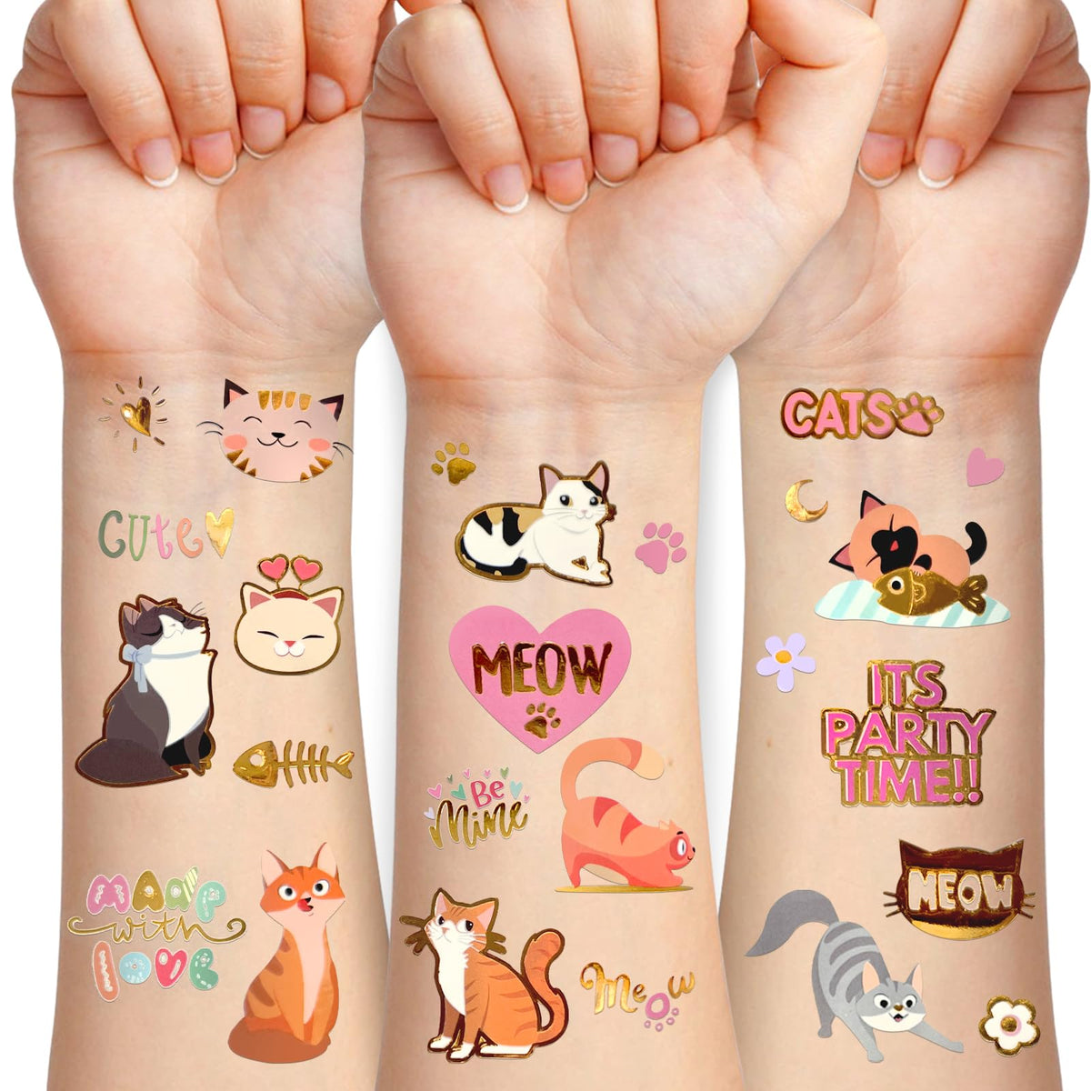 Atydkug Cat Temporary Tattoos For Kids - 4 Sheets Waterproof Animal Stickers For Parties & Gifts