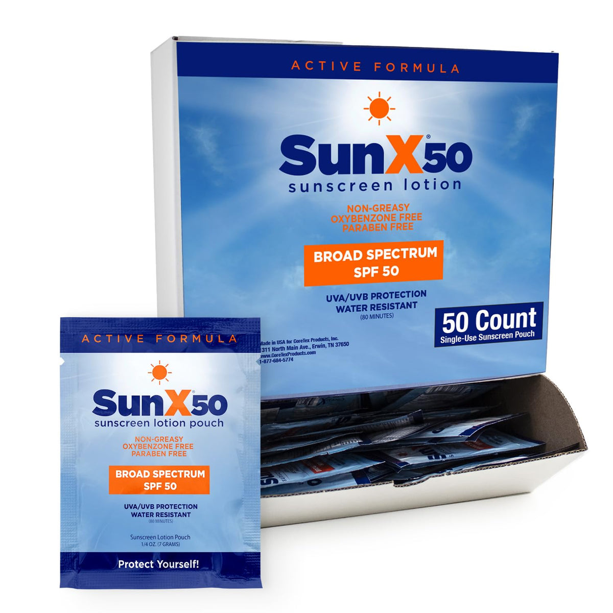 Coretex Sun X 50 Spf Sunscreen Packets - 50 Count, Water & Sweat Resistant, Paraben Free