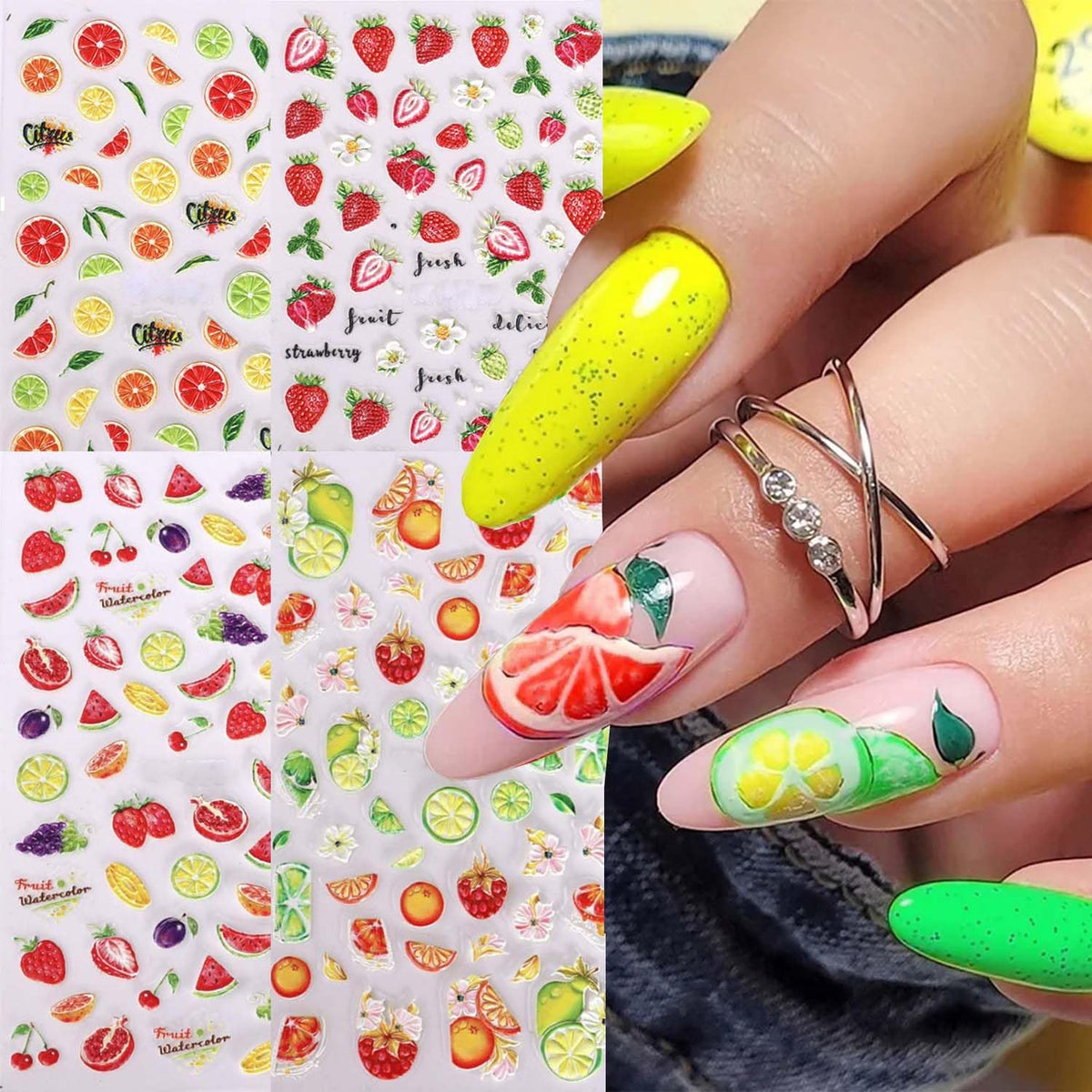 Gzmayuen 4 Sheets Self Adhesive Fruit Nail Art Stickers - 5D Relief Spring Summer Designs