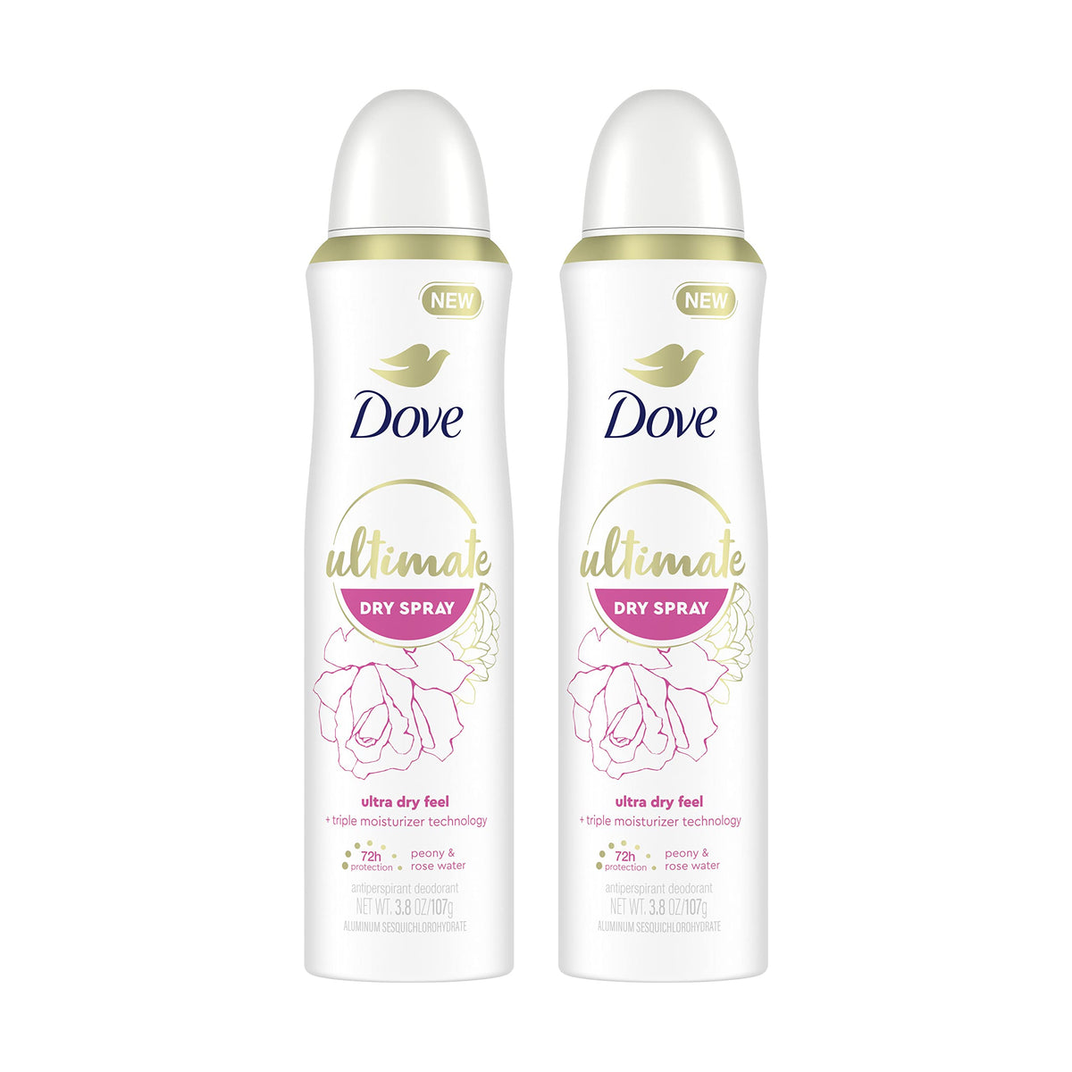 Dove Ultimate Dry Spray Antiperspirant, Peony & Rose Water, 72-Hour Protection, 2 Count