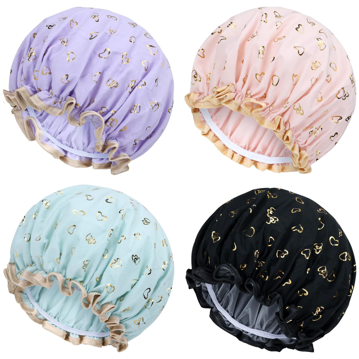 Lawie Large Waterproof Satin Shower Caps 4 Pack Adjustable Hair Covers For Women & Girls, Heart Colors