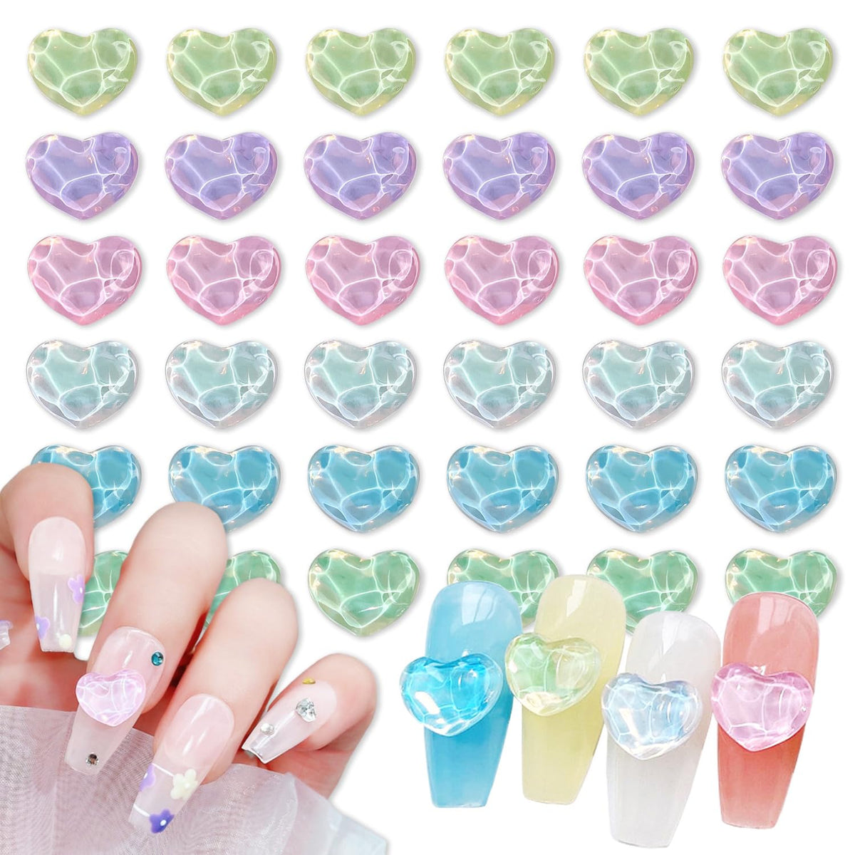 Ktaabtr Heart Nail Charms 60 Pcs - Mixed Color Flat Heart Shape Rhinestones For Acrylic Nails