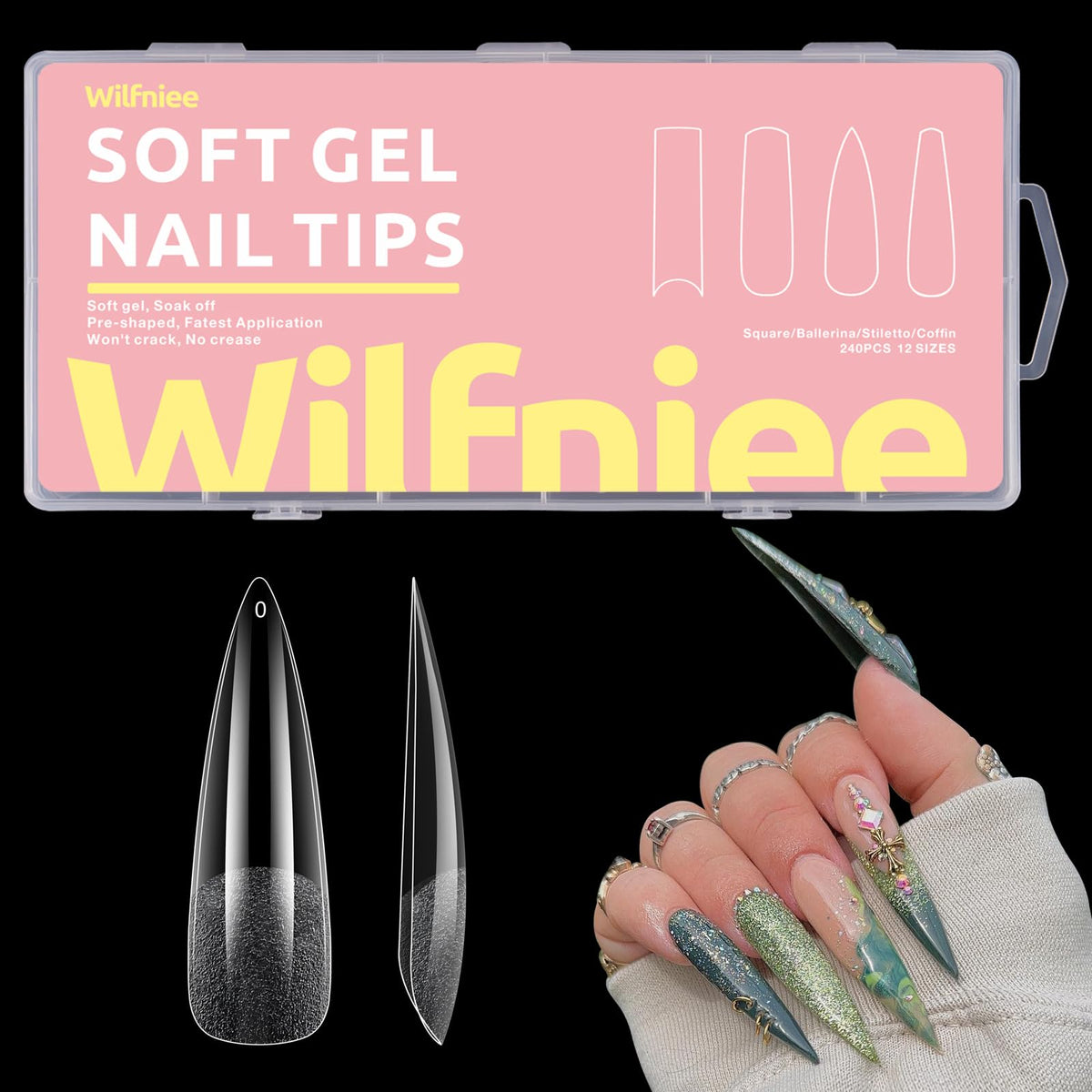 Wilfniee Soft Gel Stiletto Nail Tips - 240Pcs Clear Acrylic Full Cover For Diy & Salon Use