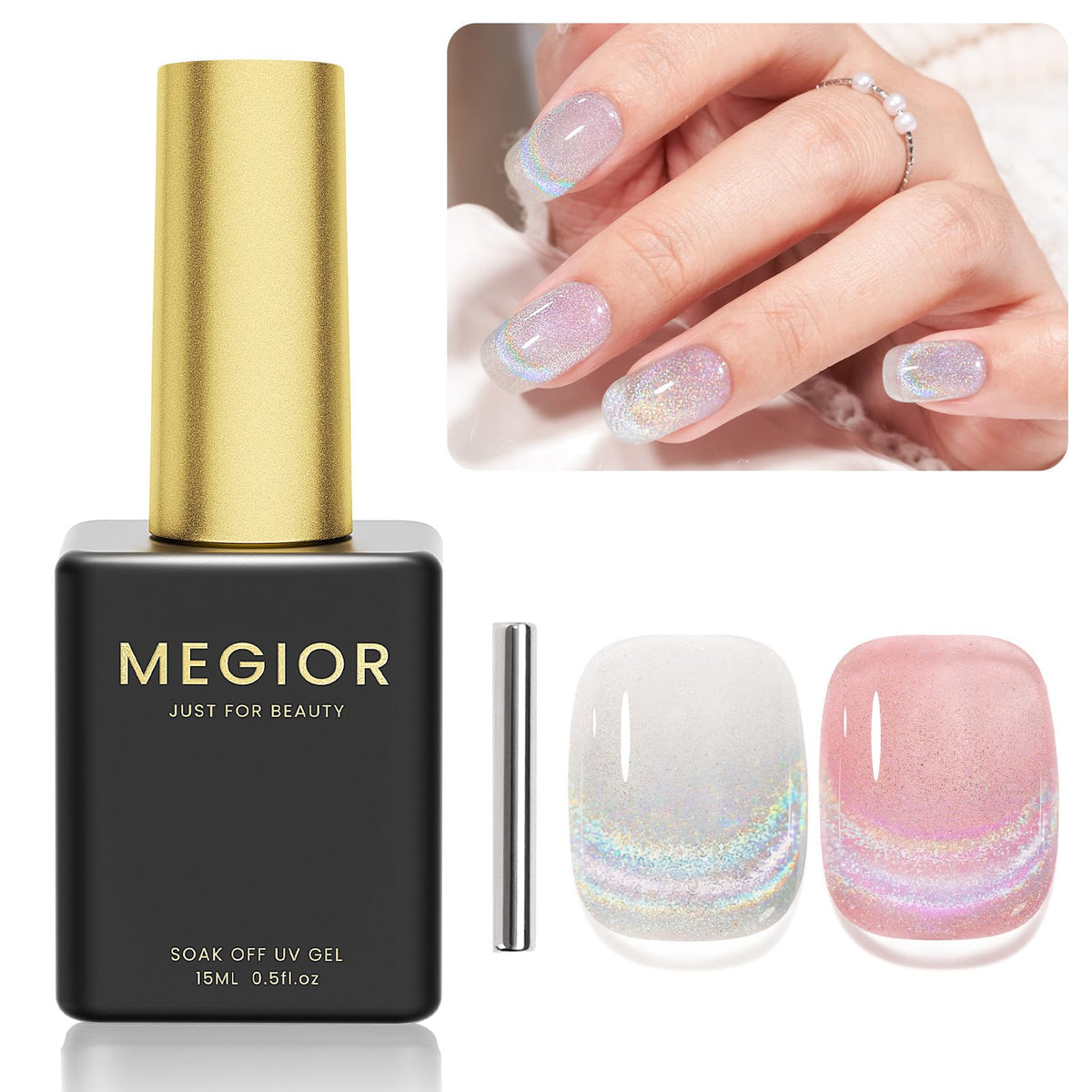 Megior 15Ml Rainbow Cat Eye Gel Nail Polish - Holographic Soak Off For Nail Art Manicure