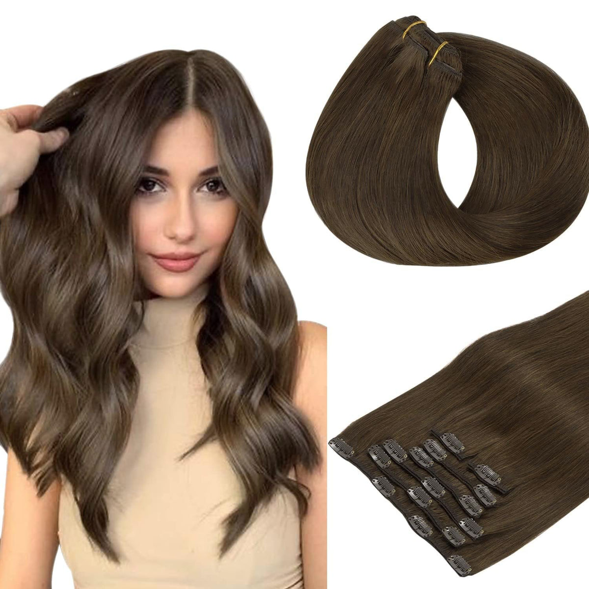 Hotbanana Chocolate Brown Clip In Hair Extensions 20&quot; 120G Remy Human Hair 7Pcs