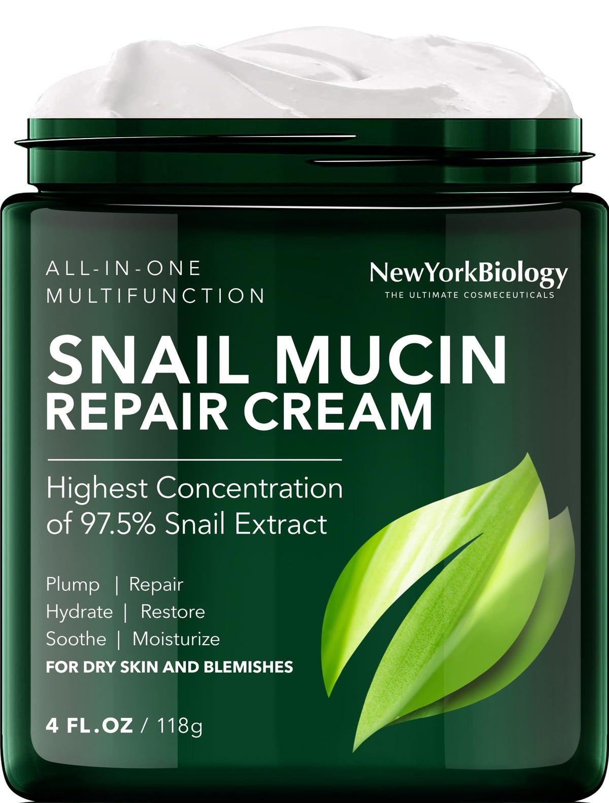 New York Biology Snail Mucin Moisturizer 4 Fl Oz - Hydrating Face Cream For Dry Skin