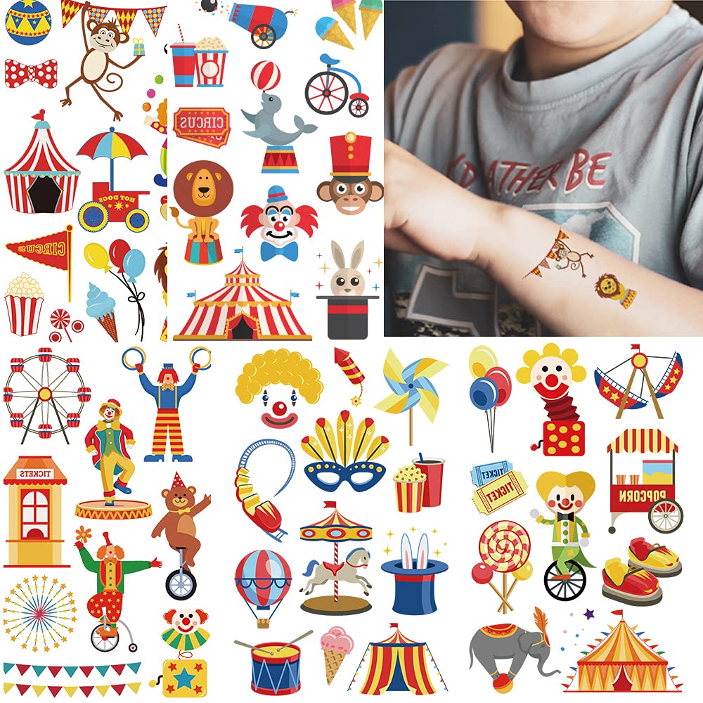 Felico Temporary Tattoos For Kids - 102 Waterproof Circus Body Stickers, Party Favor, 10 Sheets