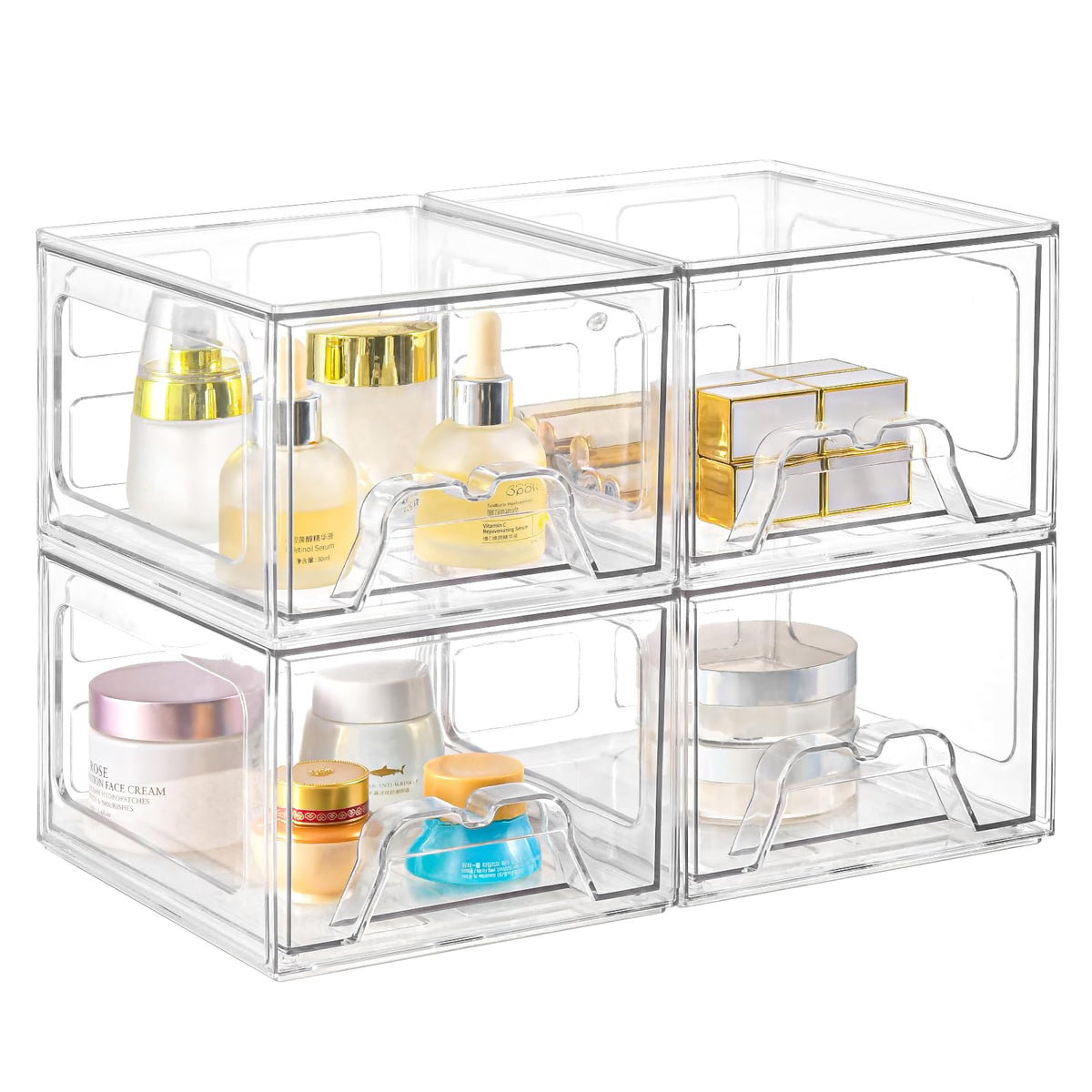 Stebopum 4 Pack Stackable Acrylic Makeup Organizer With Pull-Out Handle For Vanity And Kitchen