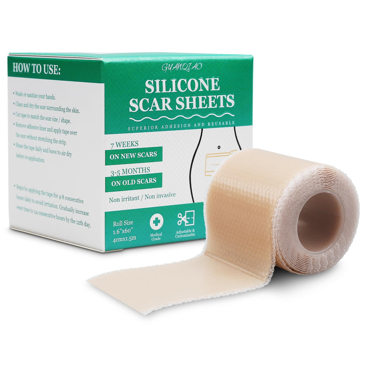 Guanqiao Silicone Scar Sheets - Medical Grade Scar Tape For Acne, C-Section & Keloid Treatment 1.5M