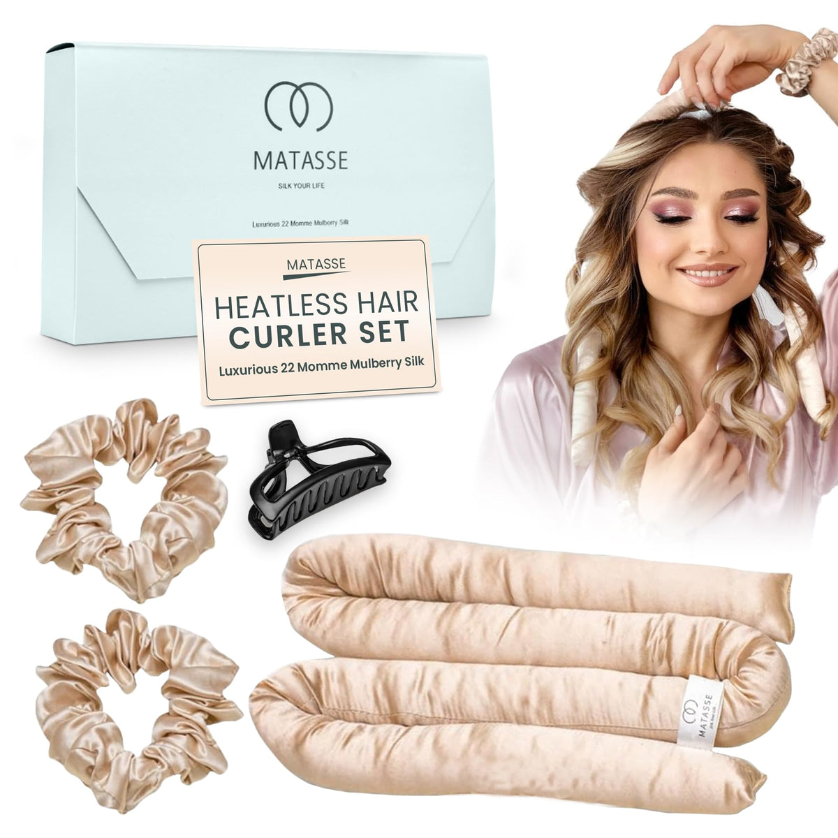 MATASSE Overnight Silk Heatless Hair Curler Set - 22 Momme Mulberry Silk, Cozy No Heat Curls