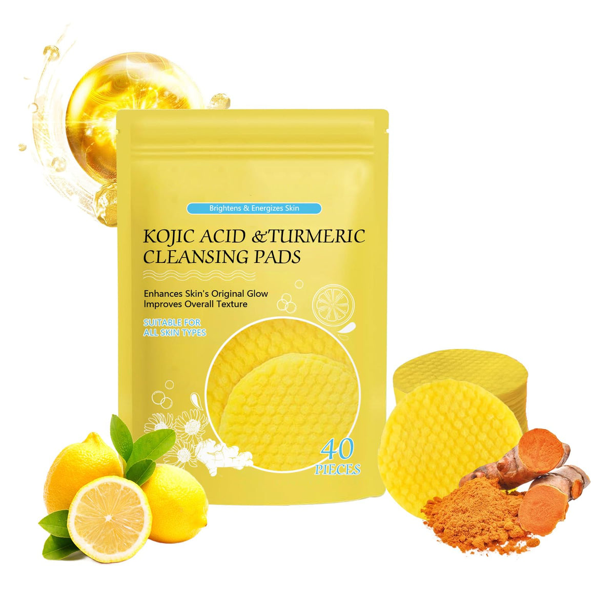 Muocobu Turmeric Cleansing Pads For Dull Skin – Kojic Acid, Balances Oil & Water, Yellow