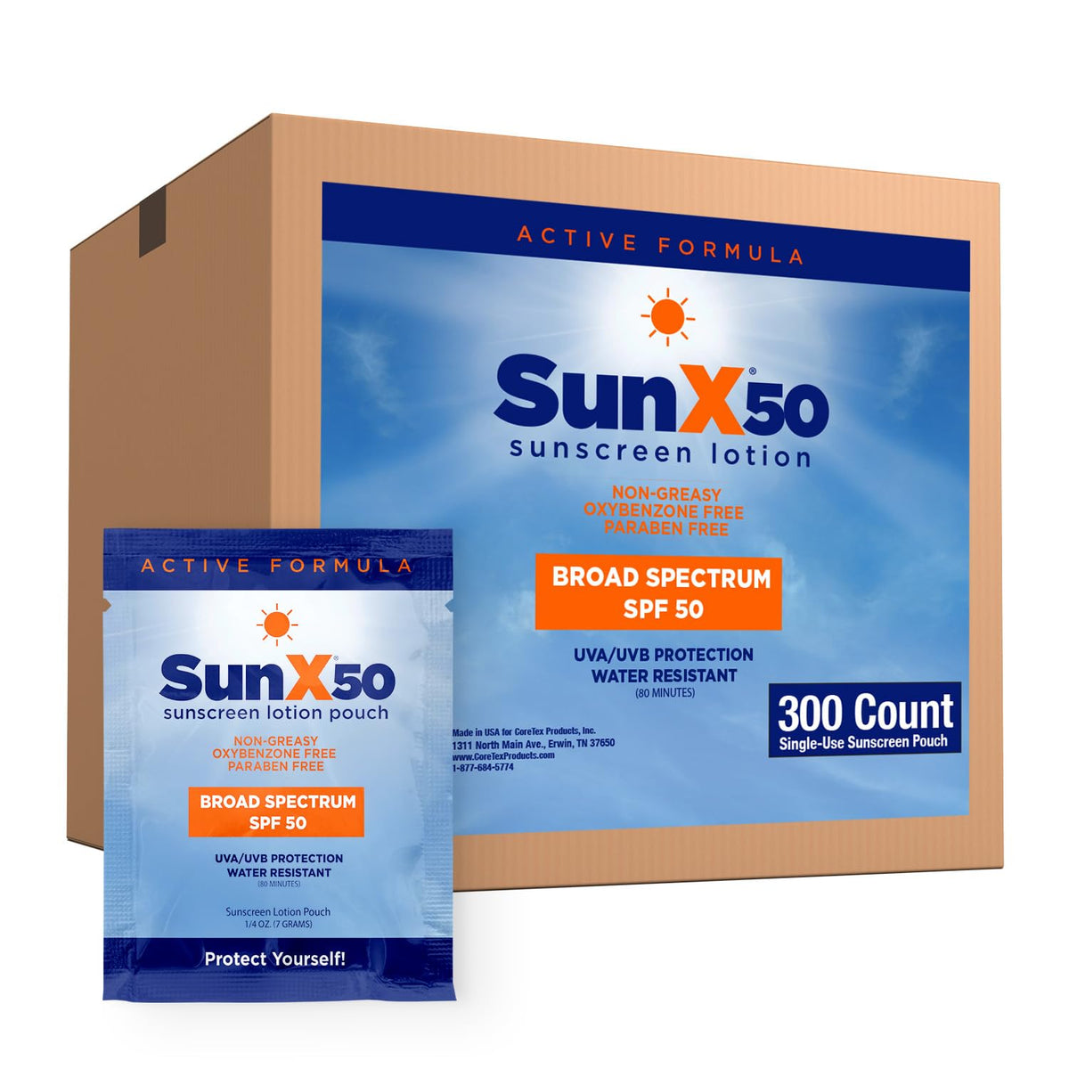 Coretex Sun X 50 Spf Sunscreen Packets - 300 Count, Paraben & Oxybenzone Free, Water Resistant