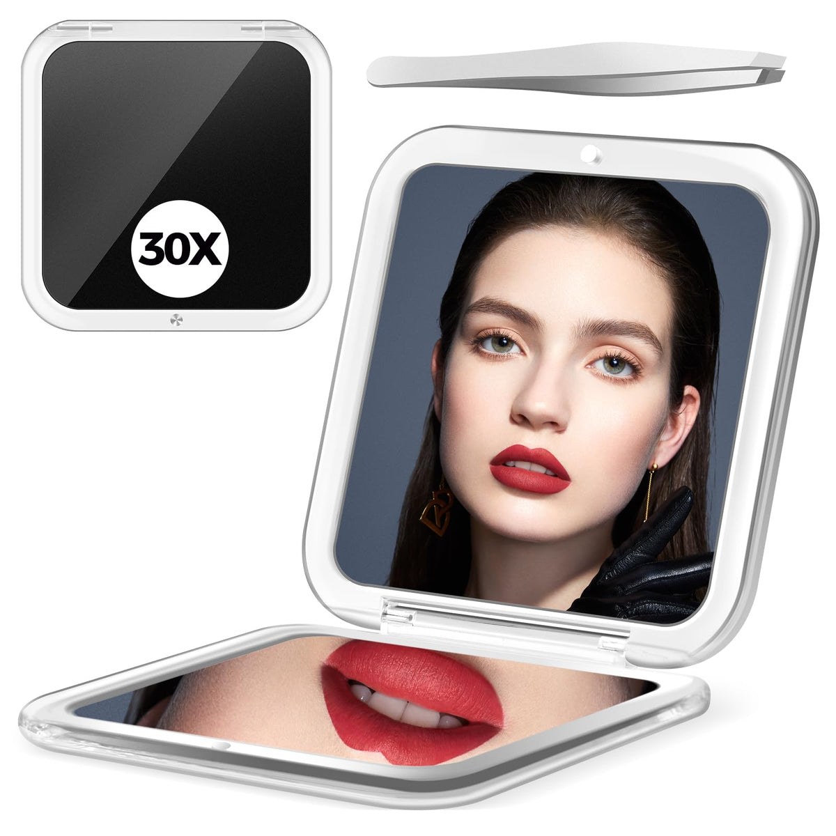 Pimplego Compact Mirror, 30X Magnifying, 2-Sided Travel Makeup Mirror, Pearlescent Black