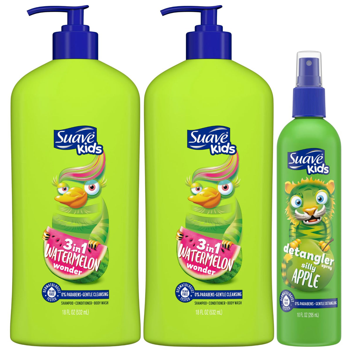 Suave Kids 3-In-1 Shampoo & Conditioner, Watermelon Wonder + Silly Apple Detangler Spray, 15.33 Fl