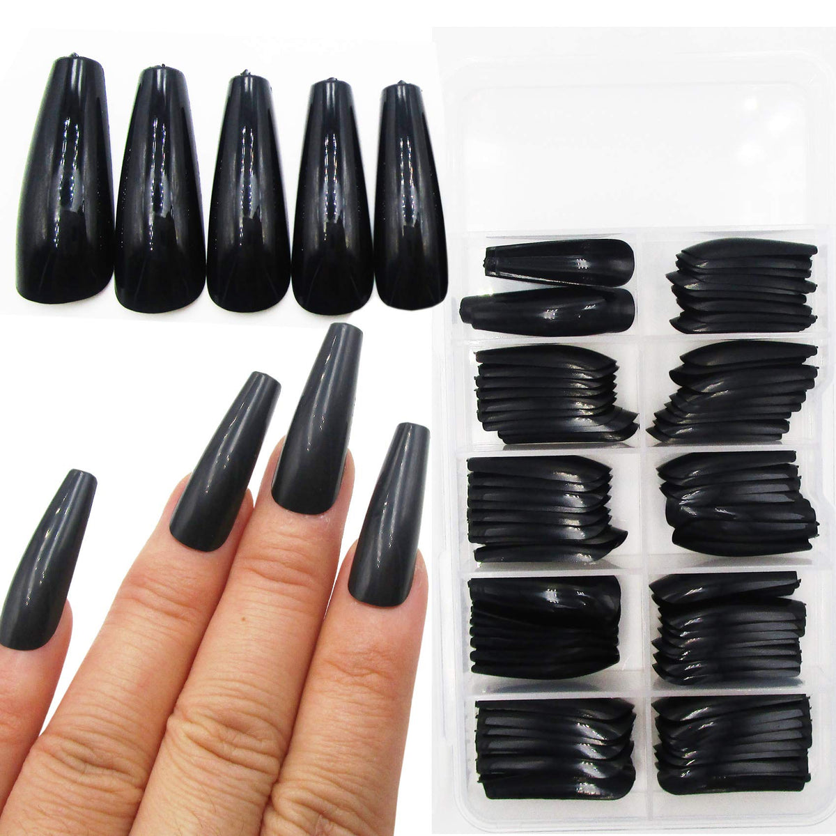 Lifextol 100pc Black Coffin Press on Nails - Long Ballerina Acrylic Manicure Tips for Women & Teens