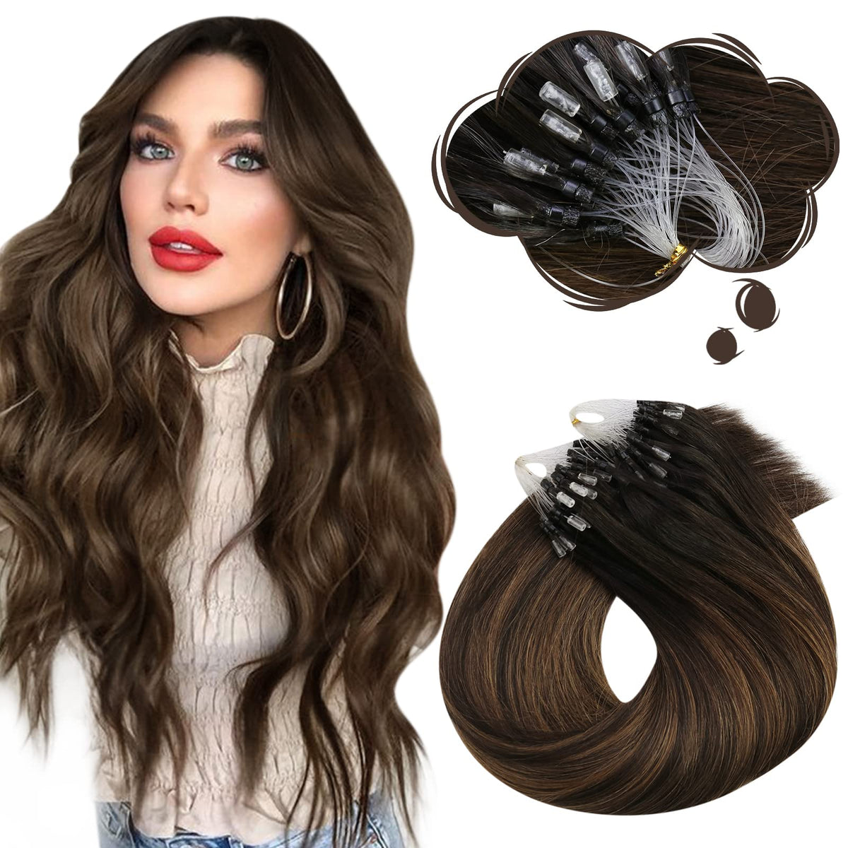 Moresoo 22&quot; Micro Loop Hair Extensions, Ombre Dark Brown & Chestnut Highlights, Human Hair