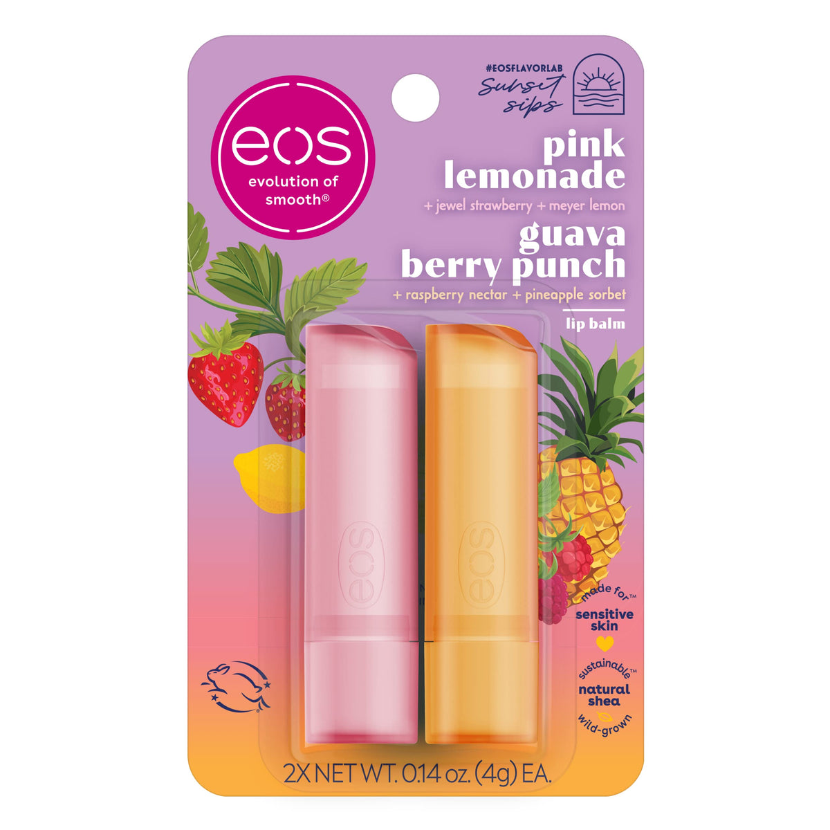 Eos Sunset Sips Lip Balm 2-Pack - Pink Lemonade & Guava Berry Punch, All-Day Moisture, 0.