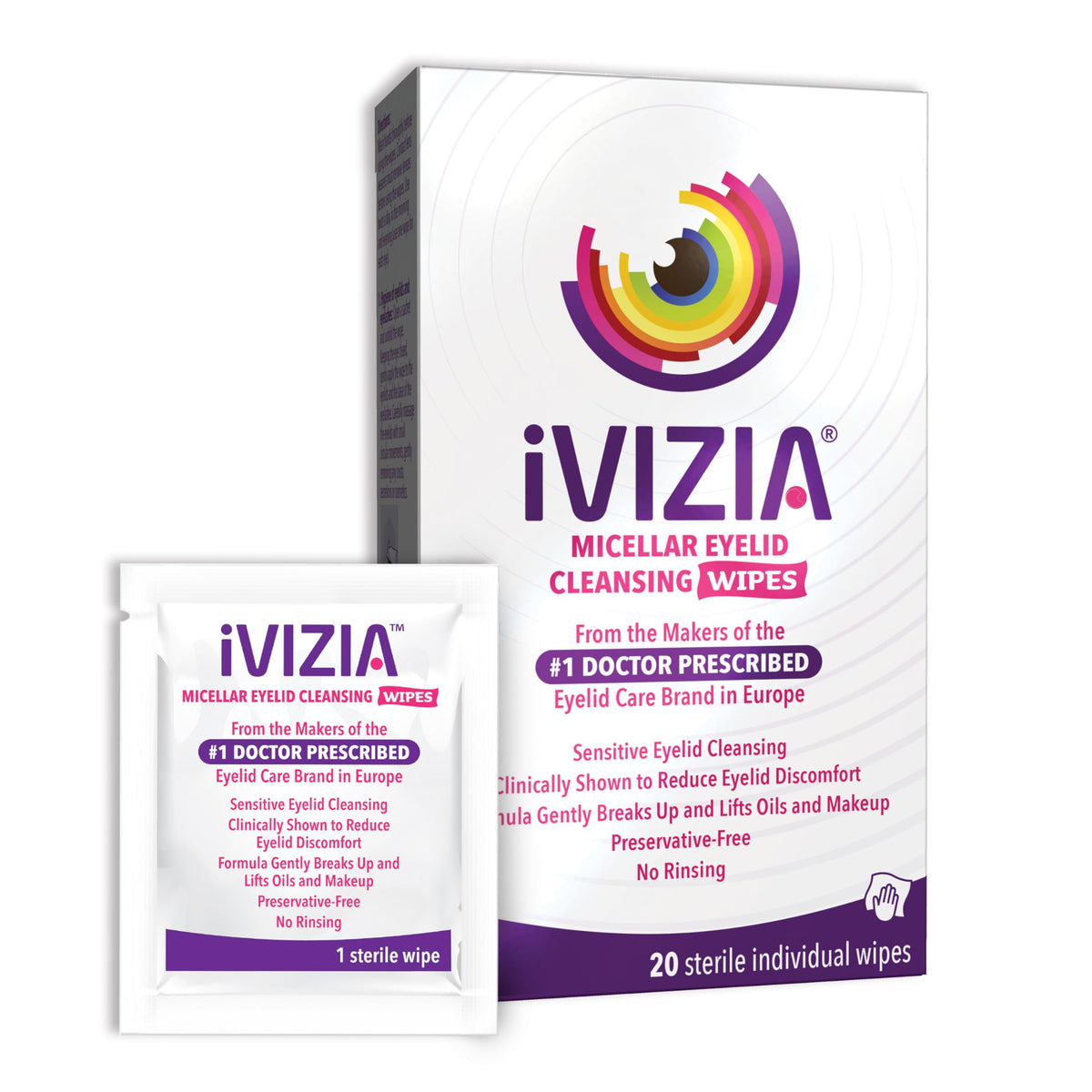 Ivizia Eyelid Cleansing Wipes, 20 Sterile Micellar Makeup Remover Wipes, Preservative-Free