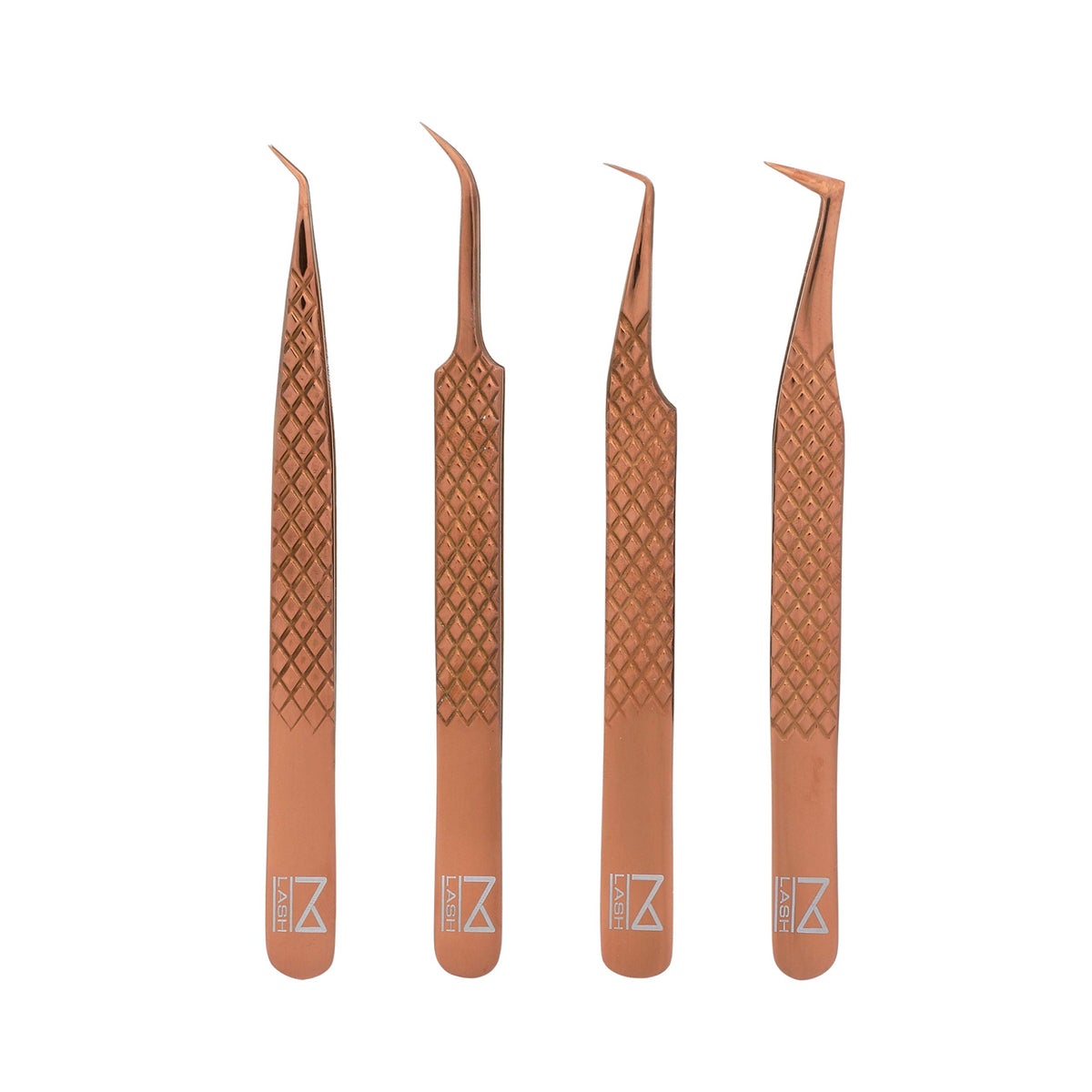 M LASH Rosegold Eyelash Extension Tweezers Set of 4 - Precision Japanese Steel, Diamond Grip