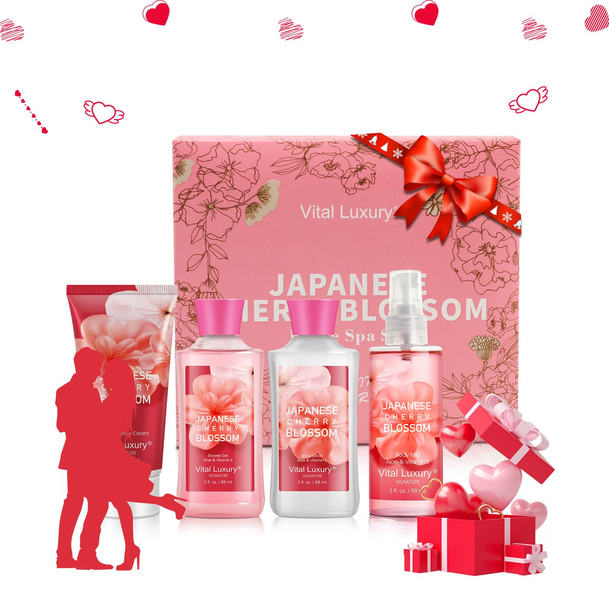 Vital Luxury Bath & Body Kit - 4 Piece Travel Set With Lotion, Gel, Cream & Mist, Japanese Cherry