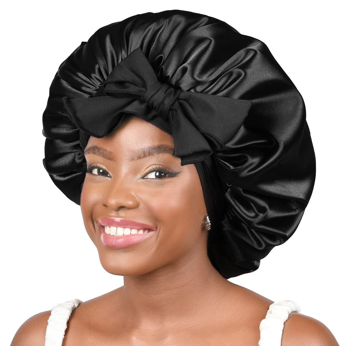 Yanibest Black Satin Bonnet For Sleeping - Double Layer Silk Lined Hair Bonnet For Women