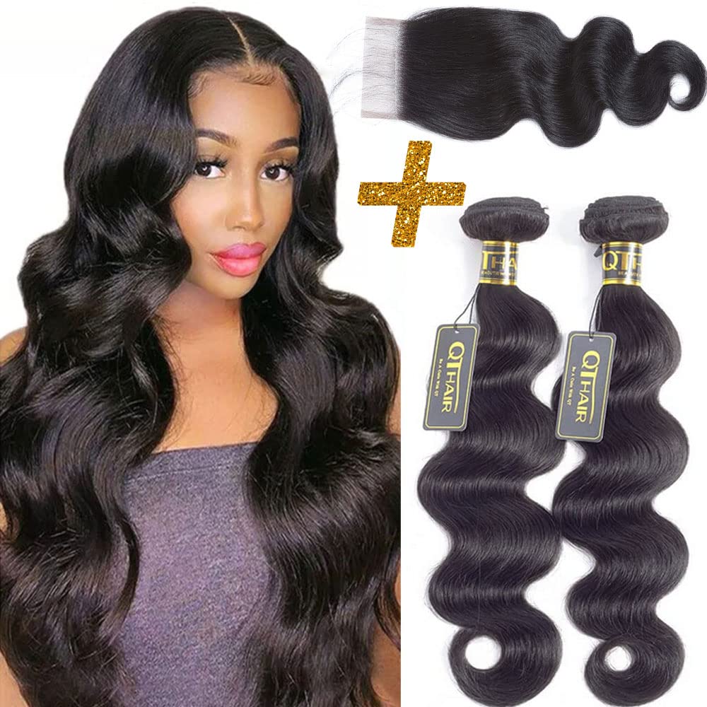 Qthair 12A Brazilian Body Wave Hair Bundles With Closure - 12&quot; 12&quot; + 10&quot; Natural Human Hair