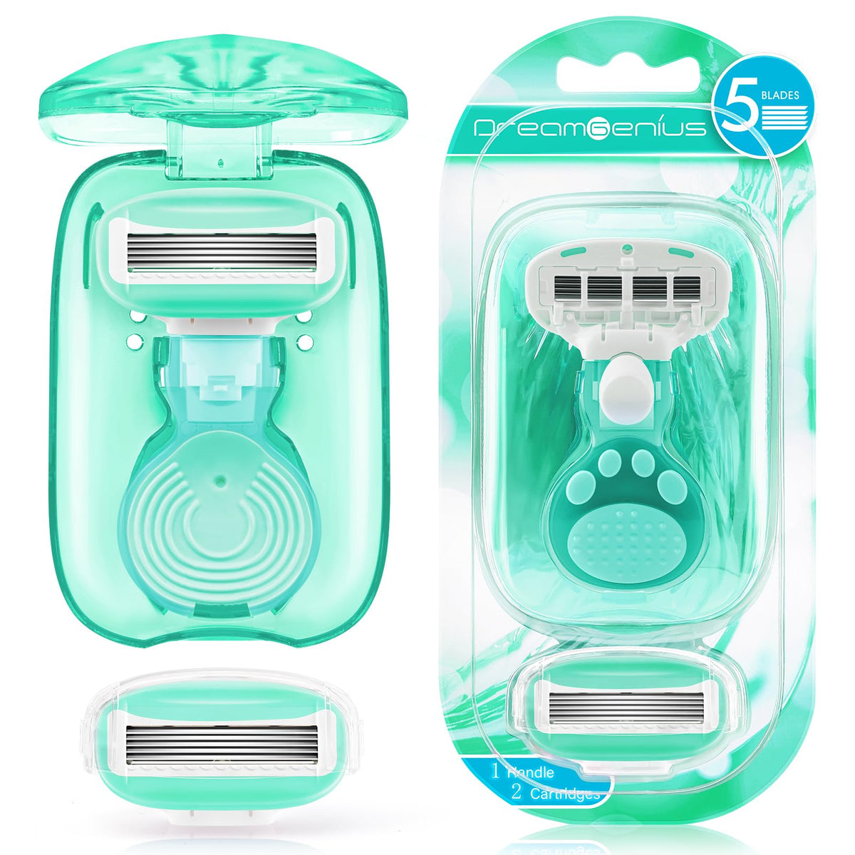 Dreamgenius Travel Razors For Women - 5-Blade Razor Set With Case, Green