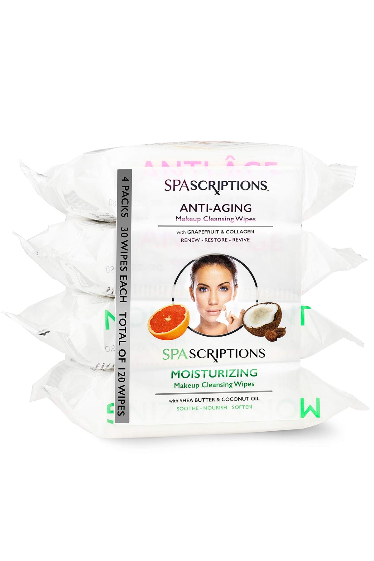 Spascriptions Cleansing Makeup Removal Wipes - Anti-Aging, Moisturizing, 120 Count (4-Pack)