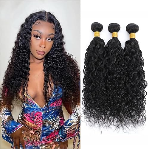 FASHION VILA Water Wave Bundles 100% Human Hair 18 20 22 Inch Natural Black Extensions